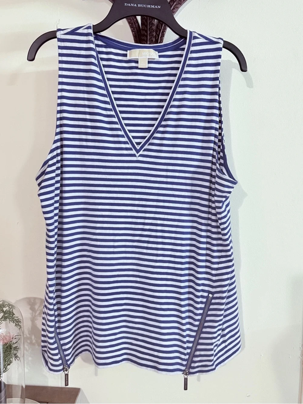 Michael Kors XL Blue White Striped Sleeveless V-Neck Zip Hem Tank Top Preppy